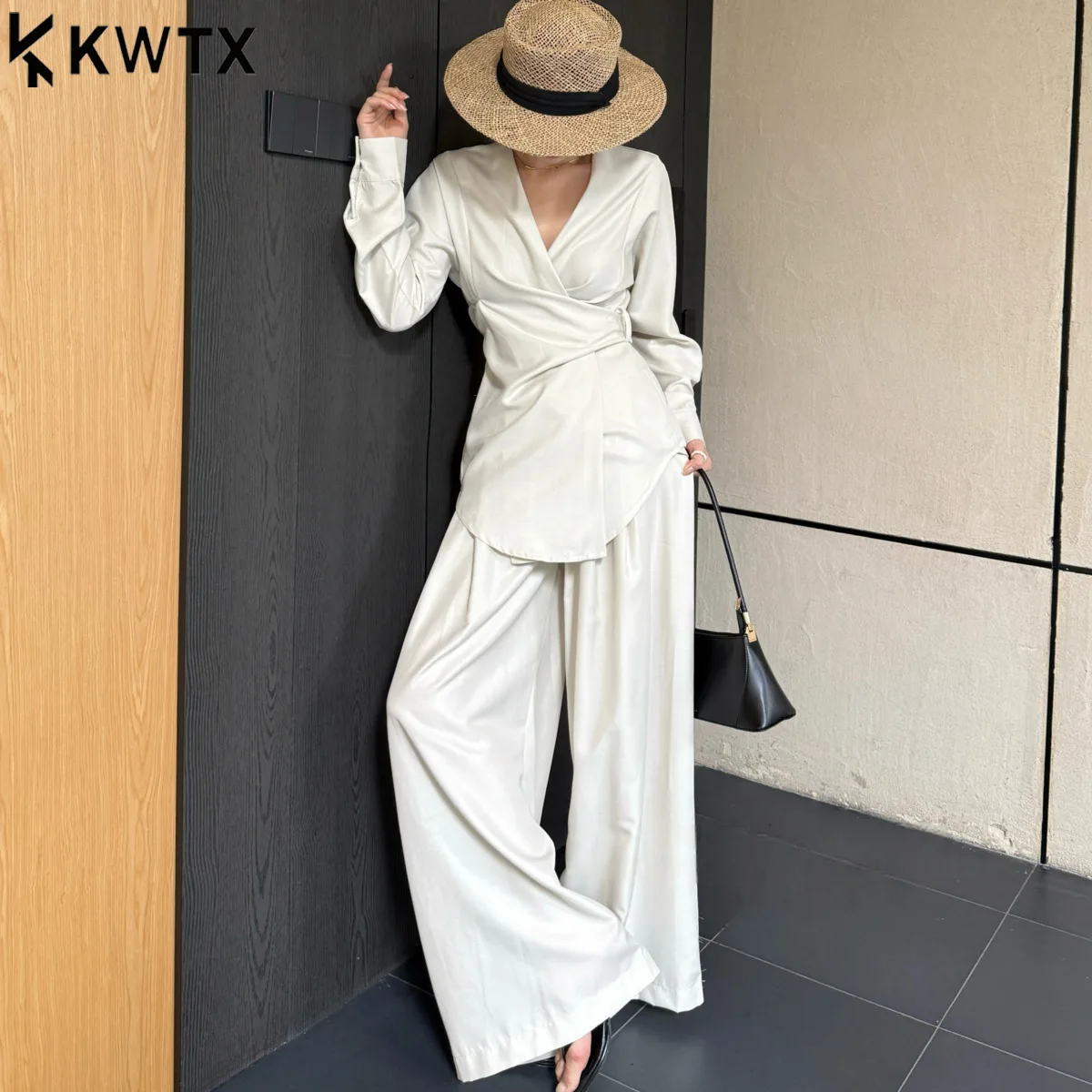 

KWTX Women’s Two-Piece Set V-Neck Lace-Up Top Asymmetrical High-Waisted Wide-Leg Pants Spring Summer Casual Elegant Chic Premium