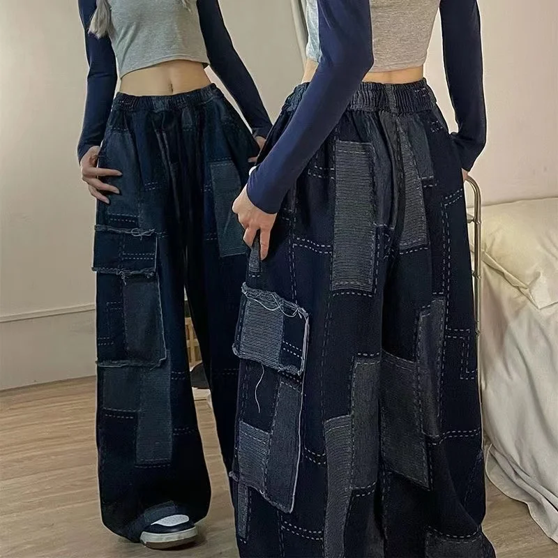 Jeans 2023 Woman Japanese Chic Wide Leg Pants Vintage Patchwork Plaid Pocket Trousers Streetwear Y2k Clothes Pantalon