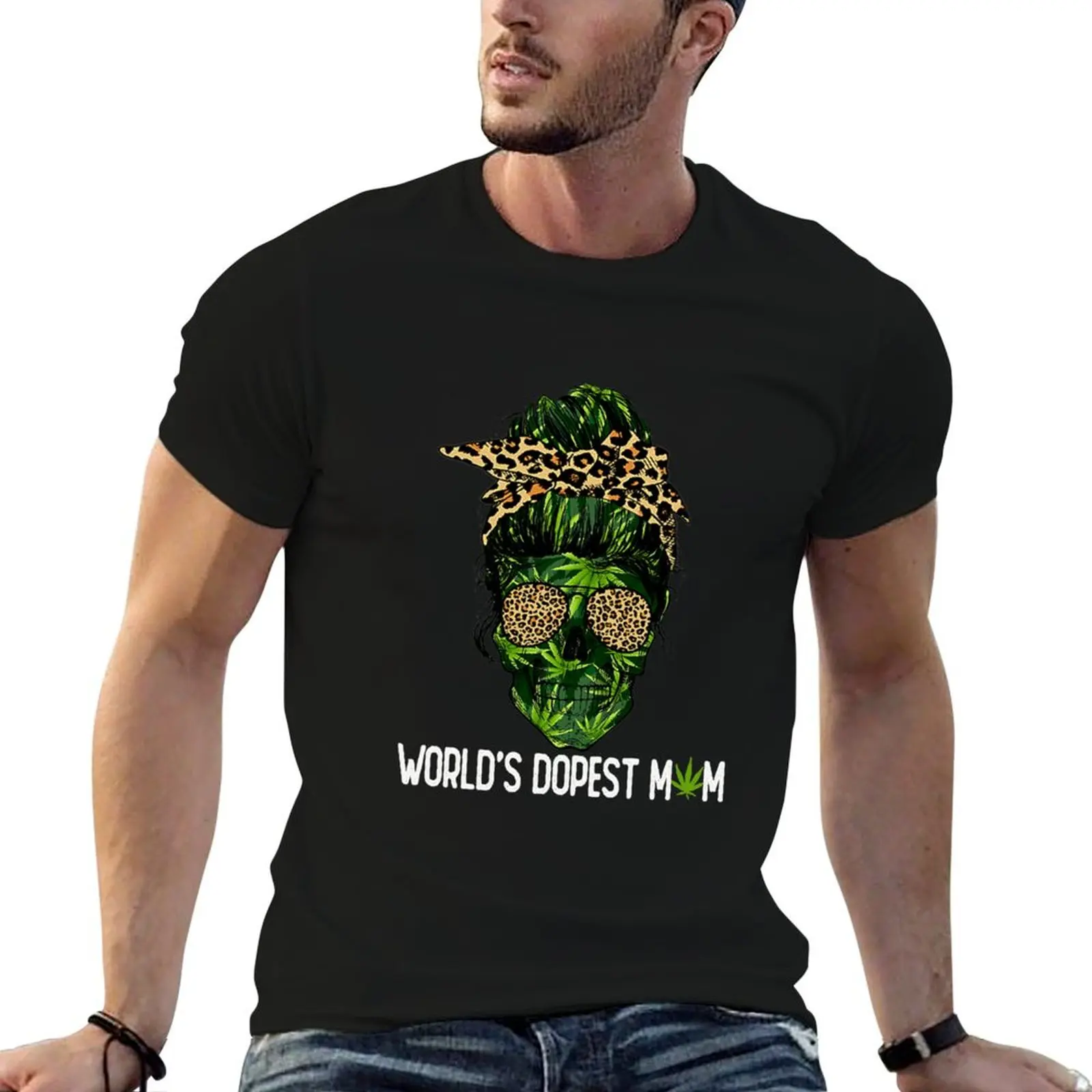 

Weed Skull Lady Wearing Leopard Bandana and Glasses World's Dopest Mom T-Shirt plus size clothes vintage men clothes