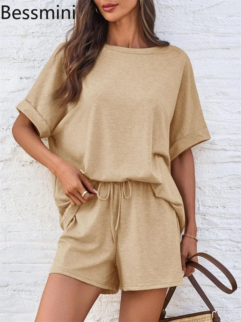 Summer Two Piece Women Tracksuit Causal Shorts Suits Bat Sleeve T-shirt Pulling Rope  Loose Matching Set Oversized Outfits 2026