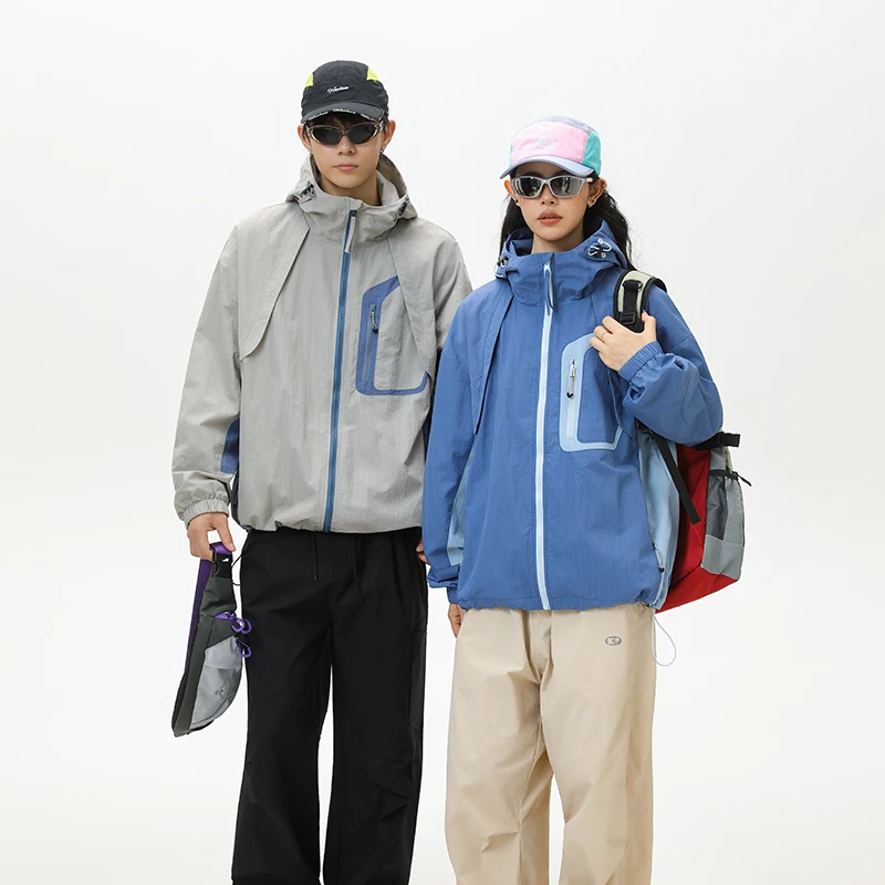 

Men Women Fashion Loose Casual Mountain Outdoor Waterproof Functional Sport Hooded Cargo Jacket Campus Boys Girls Coat Outerwear