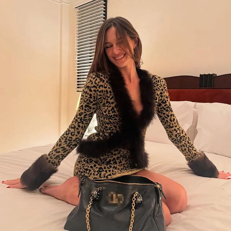 스타일리시 레이디 프린트 패치워크 퍼 투피스 세트 여성 긴팔 크롭탑 미니스커트 슈트 2025 가을 클럽 파티 의상