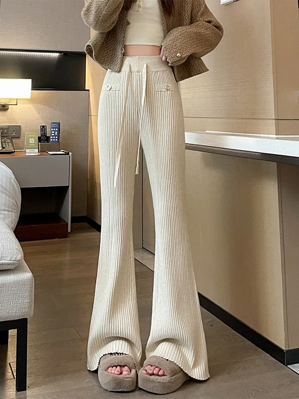 High Waist Knitted Micro Flared Pants Women's Autumn Winter Slimming Stripe Casual Straight Leg Trousers Floor Length