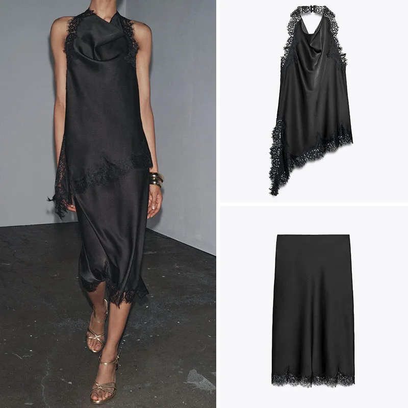 

Новое поступление, женский кружевной топ и атласная юбка, комплект, повседневная осенняя коллекция, модный костюм из двух предметов для взрослых