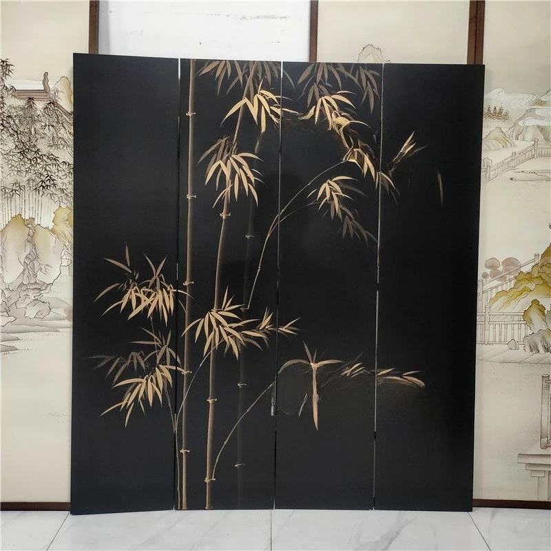 Black screen hand-painted bamboo new Chinese villa living room office club hotel restaurant mobile folding screen