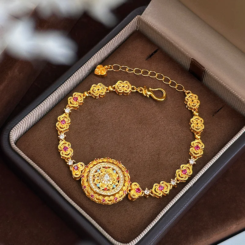 24k 9999Gold-plated diamond-encrusted enamel rotatable Ruyi lotus eight treasures compass bracelet Gifts for girlfriend