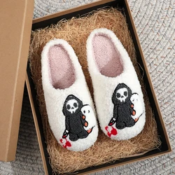 Skull Ghost Pattern Personality Dark Style Embroidery stuffed Home Platform Cozy Fur Cotton Slippers Warm Non-slip Indoor Slippers Men Women Halloween Gift