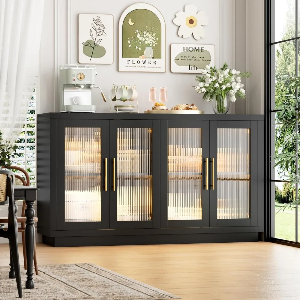 Armoire de planche avec rangement, grand buffet de 55.1 ", armoire de cuisine moderne avec 4 verres cannelés