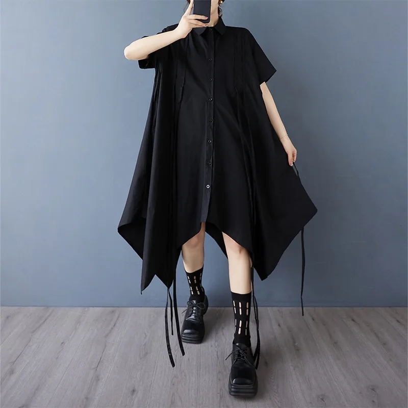 Small niche dark style summer drawstring design casual chic irregular shirt skirt fashionable casual dress