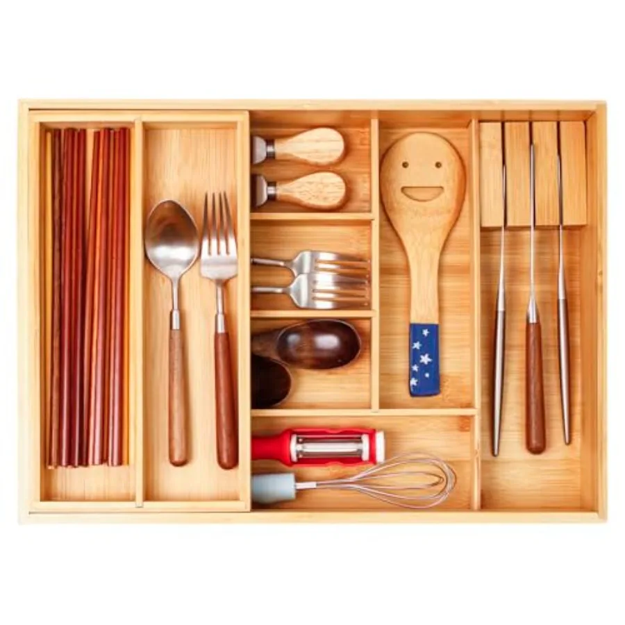 

Двухуровневый органайзер для кухонных ящиков из бамбука, 2-ярусный органайзер для столовых приборов, бамбуковый лоток для столовых приборов