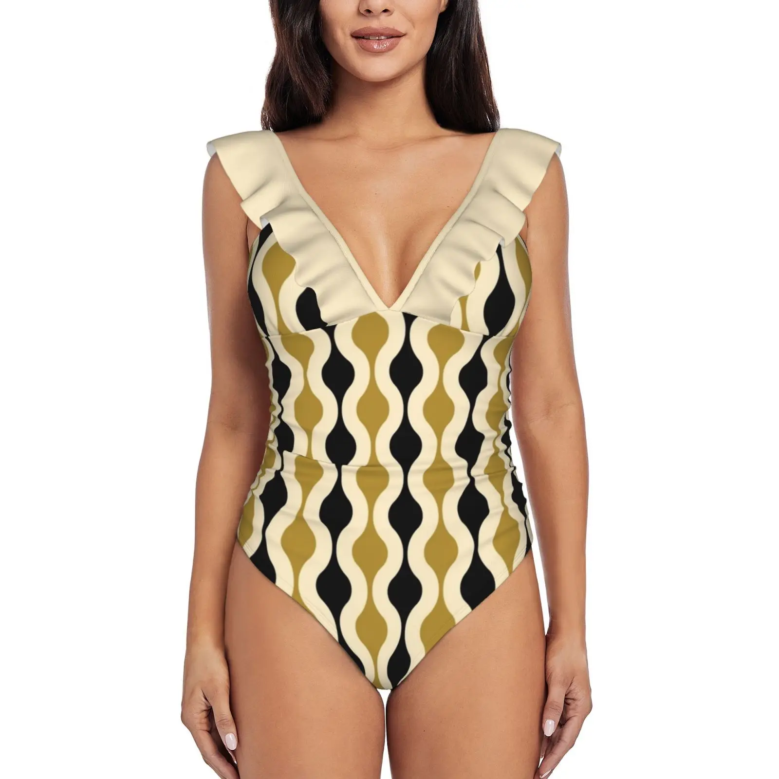 

Groovy 70'S Pattern Black And Gold Sexy One Piece Swimsuit Women Ruffled Swimwear Women Print Monokini Female Beachwear 1970S