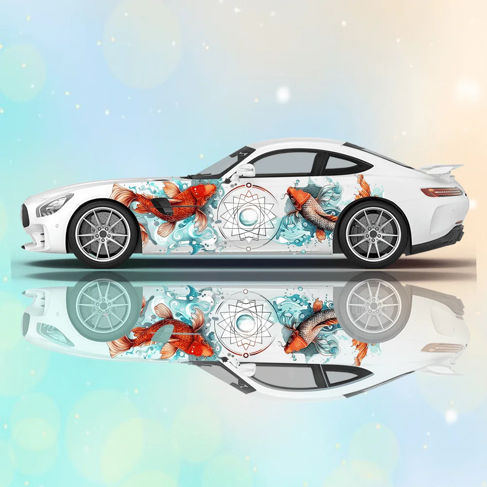 

Watercolor Carp Playing with Pearls Car Vinyl Wraps Decal Anti Scratch Sticker Suitable for Trucks SUV Decor Auto Accessories
