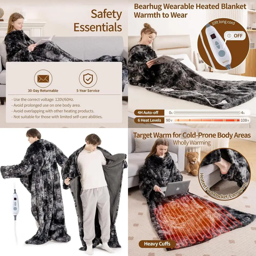 بطانية كهربائية من الفرو الصناعي مقاس 50 × 70 مع جيوب للقدم والأكمام، 6 إعدادات للحرارة، إيقاف تلقائي، قابلة للغسل في الغسالة، شهادة ETL