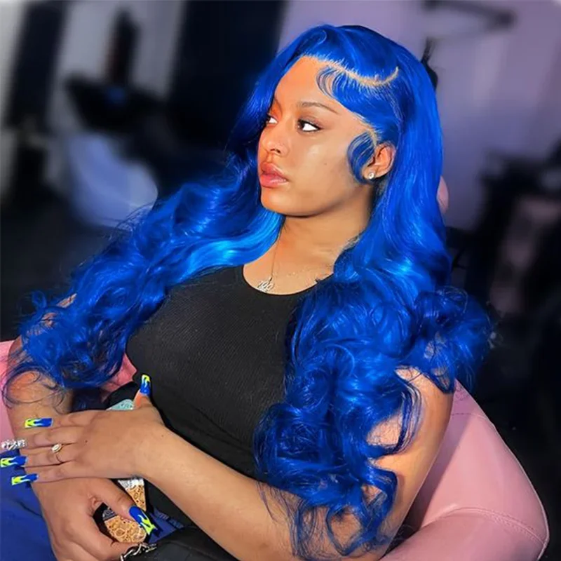 

Blue Colored Lace Front Wigs For Black Women 13x4 Body Wave Transparent Lace Frontal Wigs Brazilian Human Hair Pre Plucked