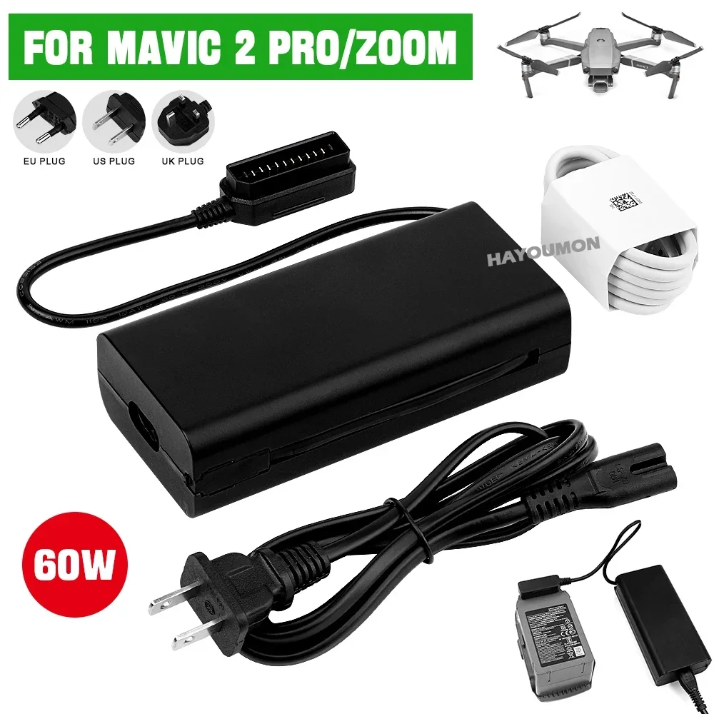 For DJI Mavic 2 Pro/Zoom Drone Battery Charger with AC Power Cable 60W Output Replacement Spare Part Accessory