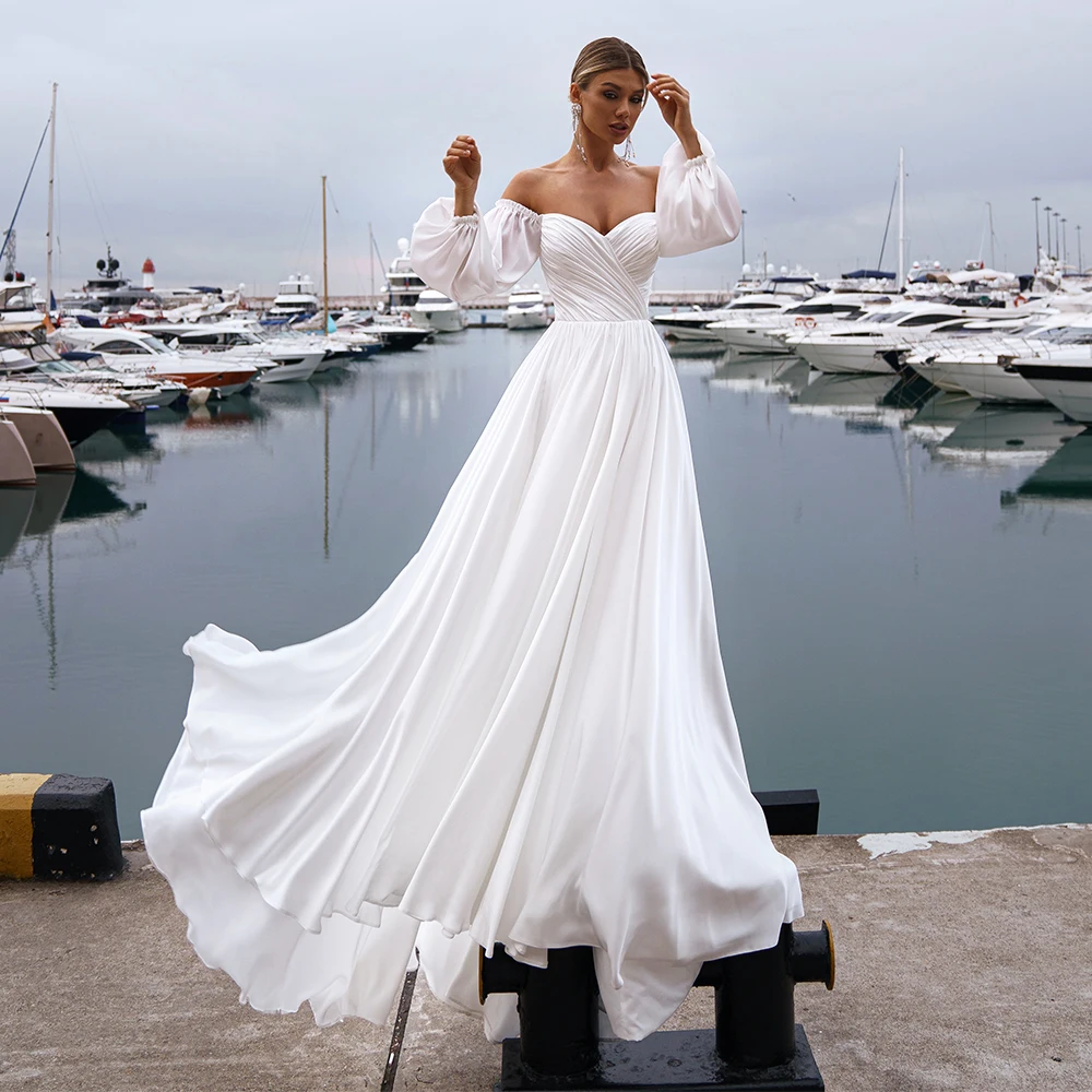 

Sweetheart Neck Off Shoulder Wedding Dresses for Women Long Sleeve A-line Pleat Sexy Backless Bride Gown Свадебное платье