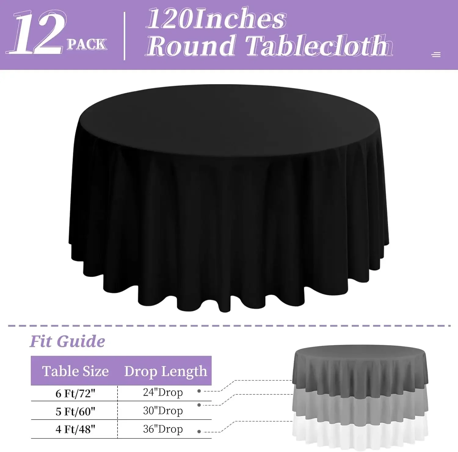 Round Tablecloth 120 Inch - Black Polyester Table Cloth for Round Table, Premium Stain and Wrinkle Resistant Washable Fa