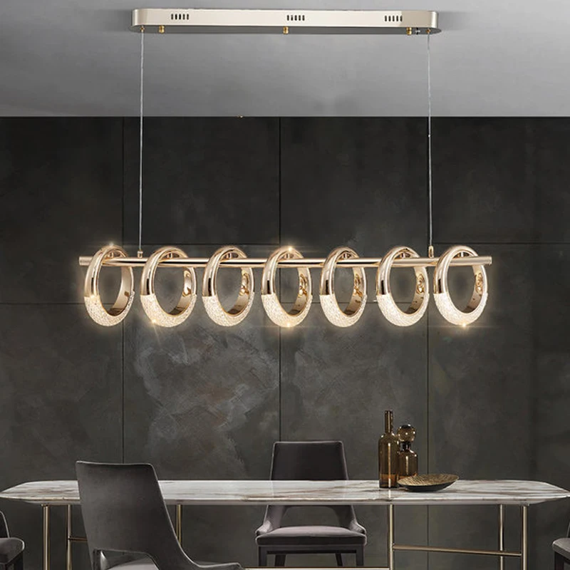 Modern ring chandelier for kitchen island rectangle rose gold crystal hanging lights design led dining room suspension wire lamp