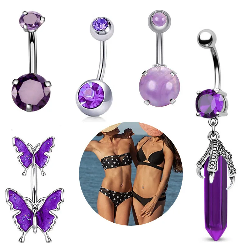 1PCS Purple Butterfly Belly Button Rings 14G Star Belly Ring Cute Heart Crystal Navel Barbell Jewelry Piercing Ombligo Mujer