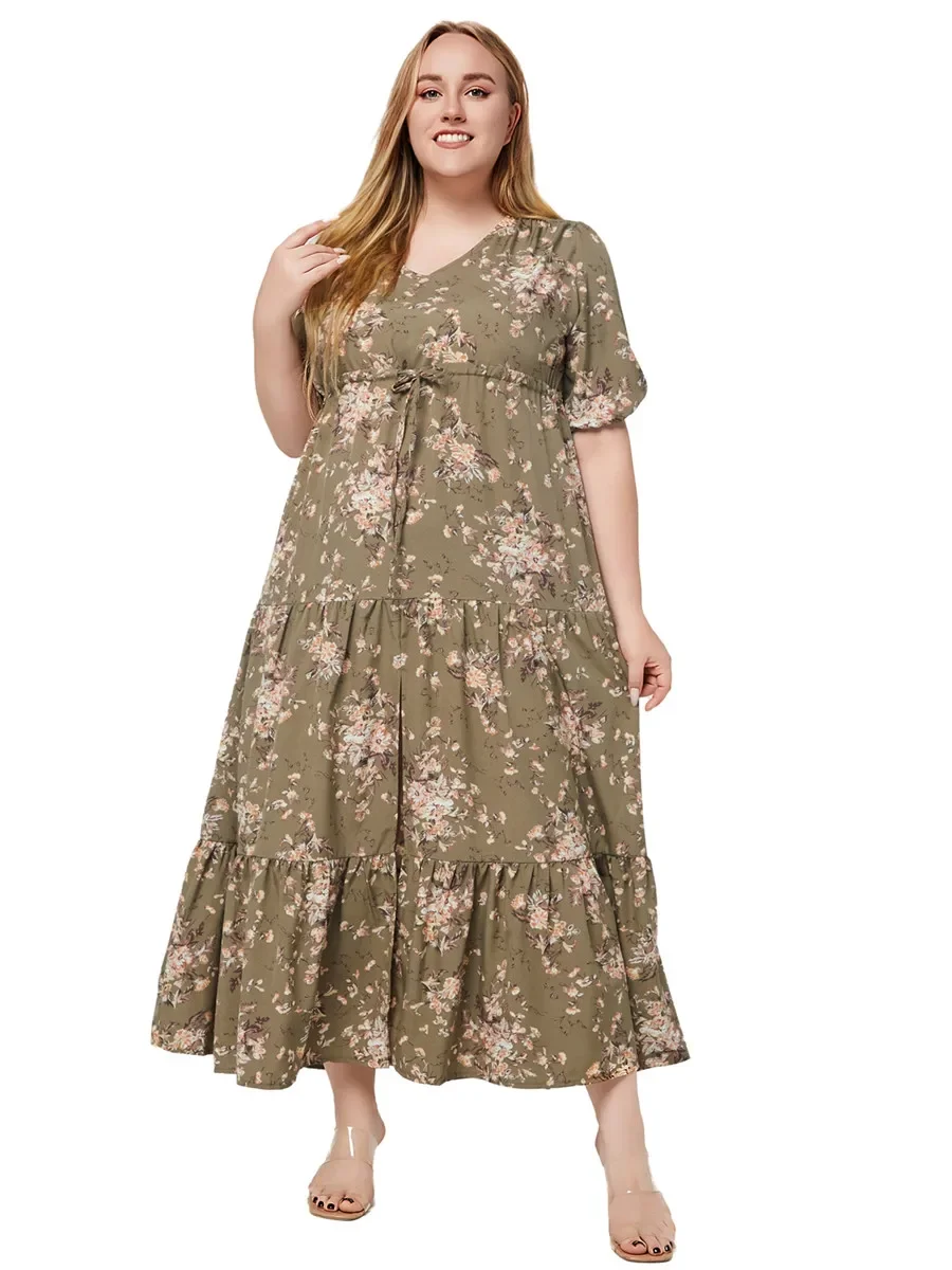 

Fashion Summer Dresses for Women Dress Short Sleeve Women's Elegant Clothing Pink Green Floral Clothes