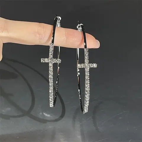 Shiny Big Circel Cross Hoop Earrings for Women Exquisite Rhinestones Ear Buckles Earrings High-end Geometric Ear Rings Jewelry