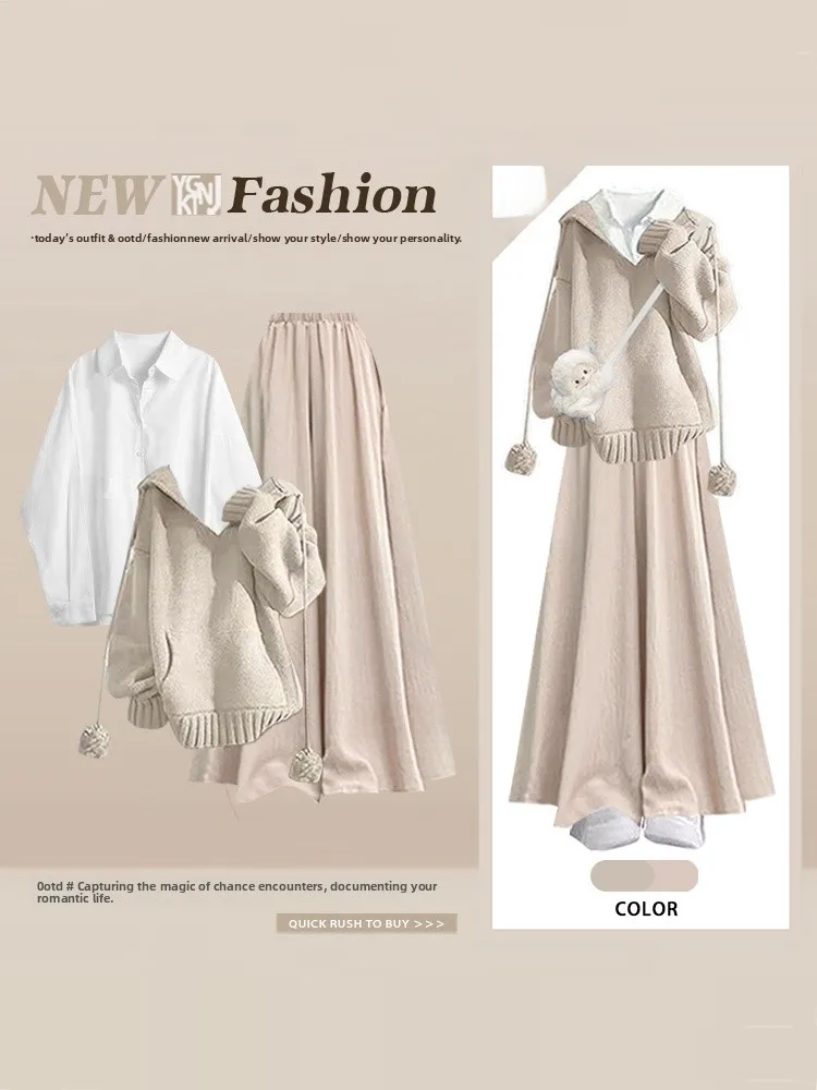 الحلو Fre كسول Sle مقنعين محبوك مجموعة الشتاء طبقات الراقية بنطال ذو قصة أرجل واسعة قطعتين مجموعة Faionable الزي غير الرسمي