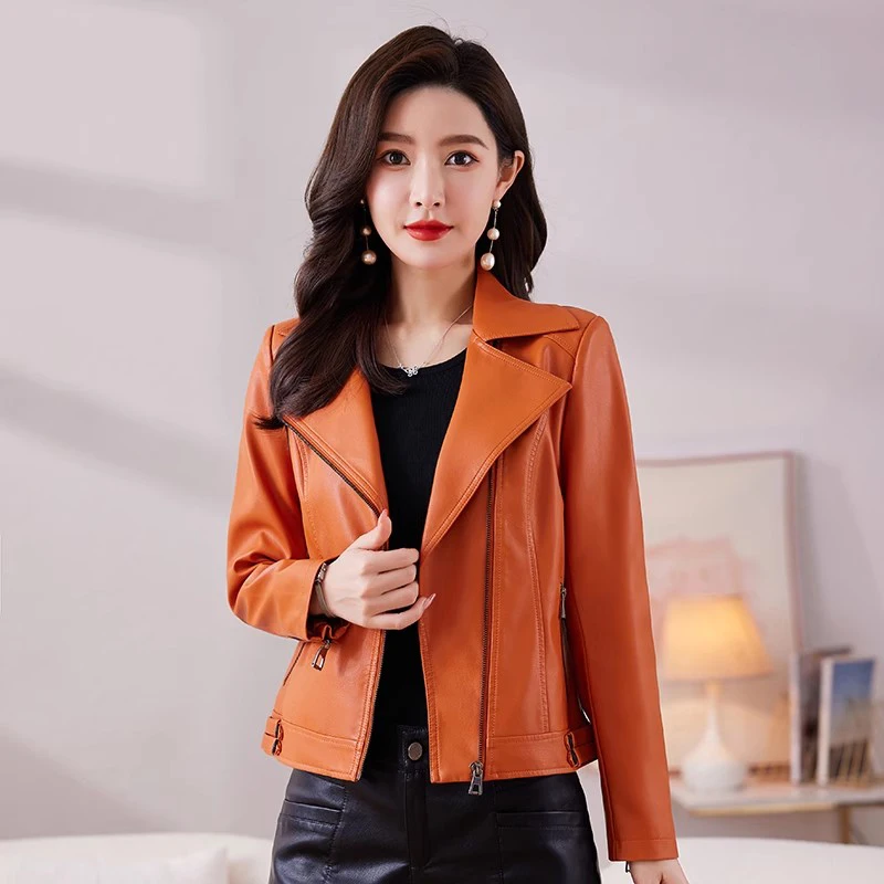 New Women Short Leather Coat Spring Autumn Fashion Suit Collar Zipper Fly Slim Moto Biker Jacket Split Leather Casual Outerwear