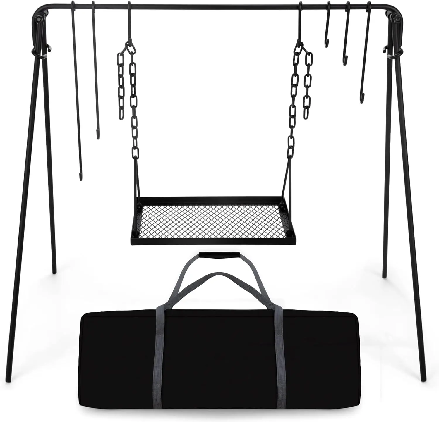 Grill Swing Campfire Cooking Stand BBQ Grill for Cookware & Dutch Oven Adjustable Collapsible Legs with Hooks & Accessories