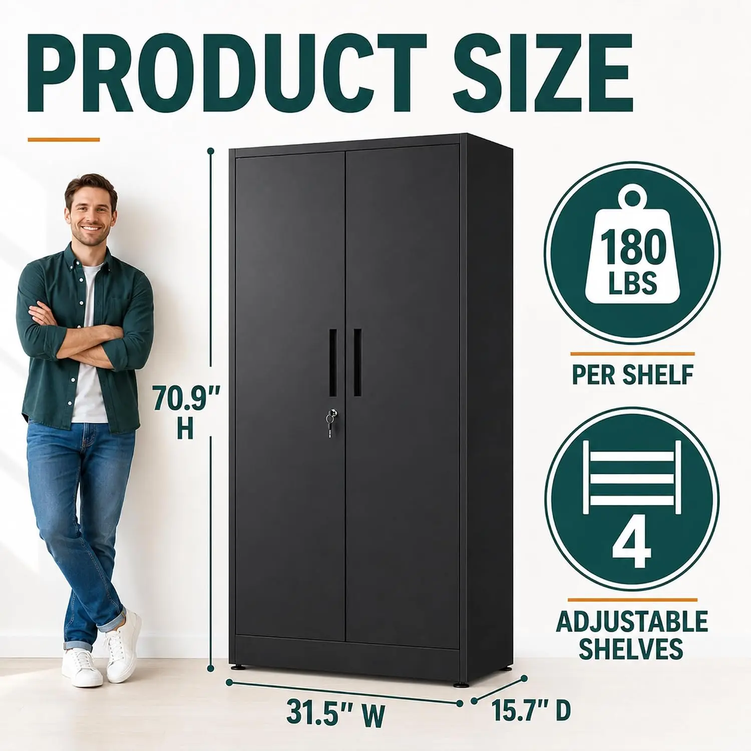 Metal Storage Cabinet 2 Doors 4 Adjustable Shelves Garage Tool Organizer Steel Lockable, Customized