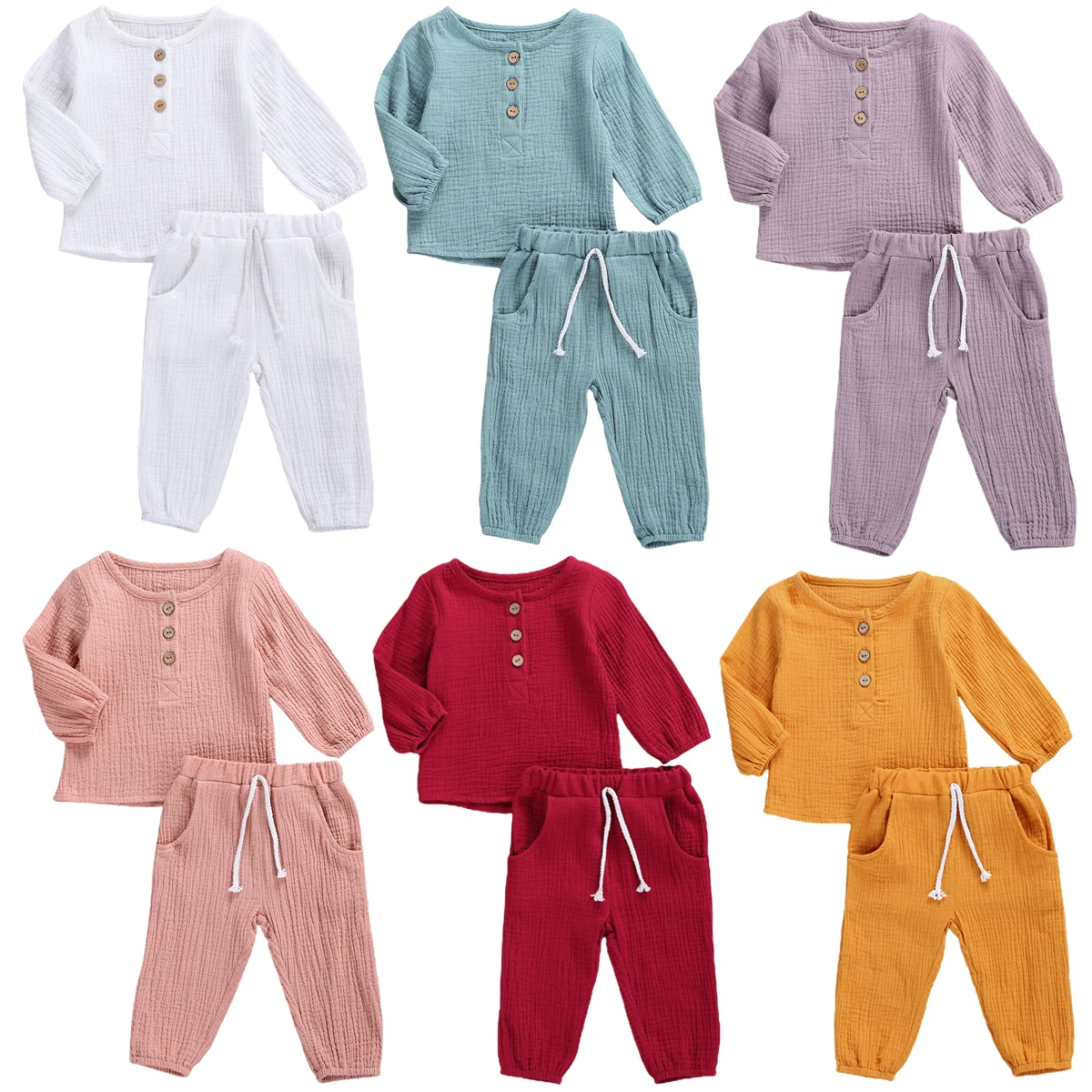 0-5Y Infant Baby Boys Girls Cotton Linen Clothes New Button Long Sleeve Pullover Top+Long Pants Solid 2pcs Casual Autumn Outfits