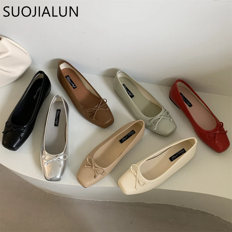 SUOJIALUN 2023 New Women Flat Shoes Fashion Square Toe Shallow Slip On Ladies Casual Ballet Shoes Soft Leather Outdoor Loafers S