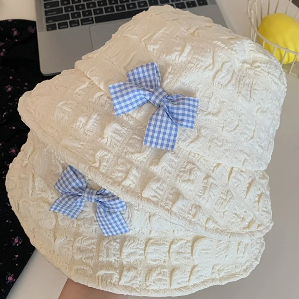 Ins Bow Bucket Caps قبعات أنيقة حلوة النسيج القطني خفيفة الوزن عارضة قبعة واقية من الشمس السفر