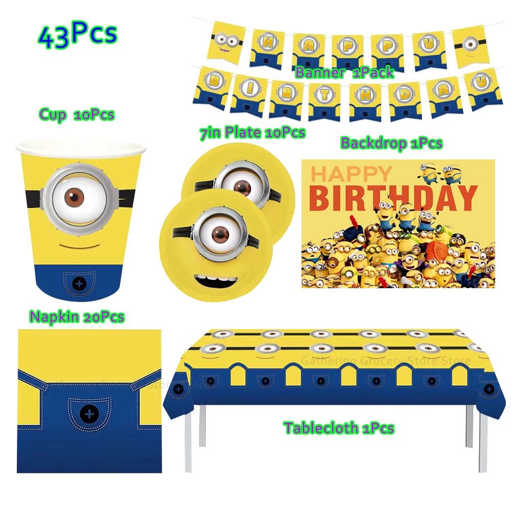 

MINISO Minionse Tableware Set Children Birthday Party Supplies Party Decoration Accessories Paper Plate Napkin Baby Shower Girls