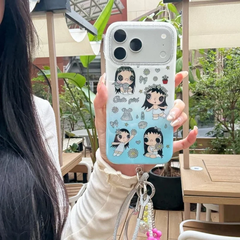 Fashion Glitter Flower Cute Girl Phone Case For iPhone 17 Pro 16 15 Pro Max Cover with Pendant Hand Rope Protective Cases For Gi