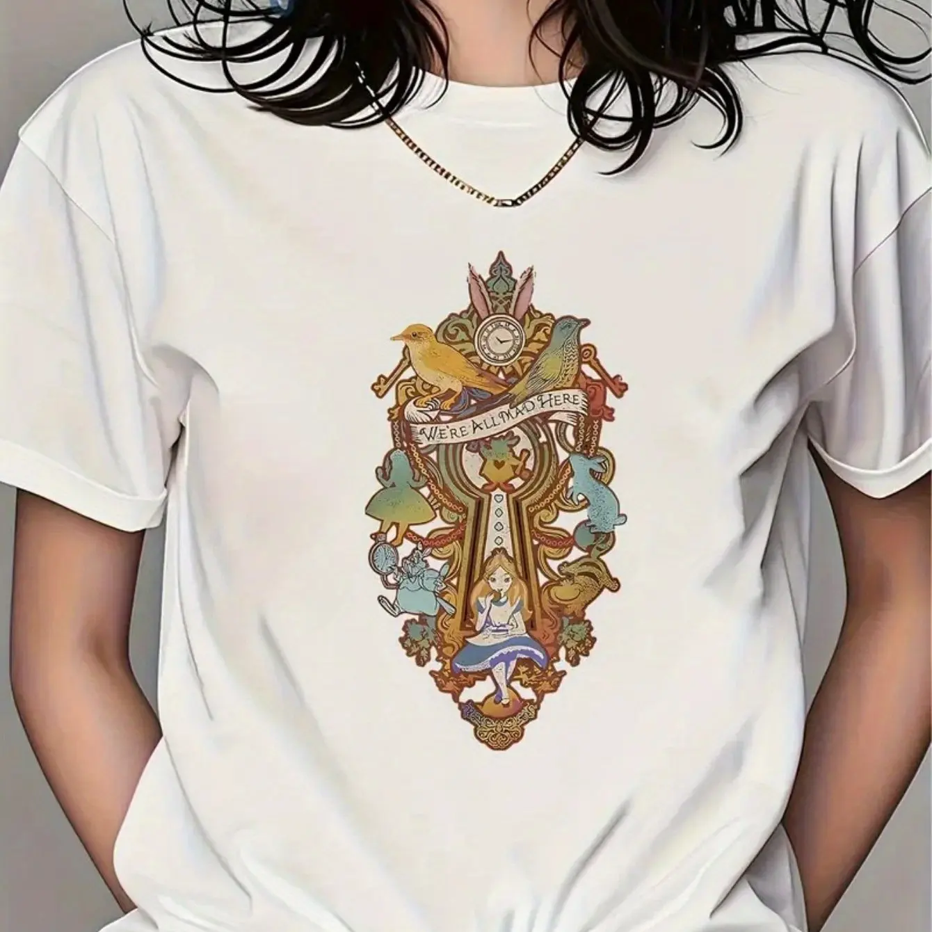 Camiseta gráfica de Disney Alicia en el país de las maravillas para mujer, camiseta blanca con Alicia, naipes, motivos florales, algodón suave y transpirable