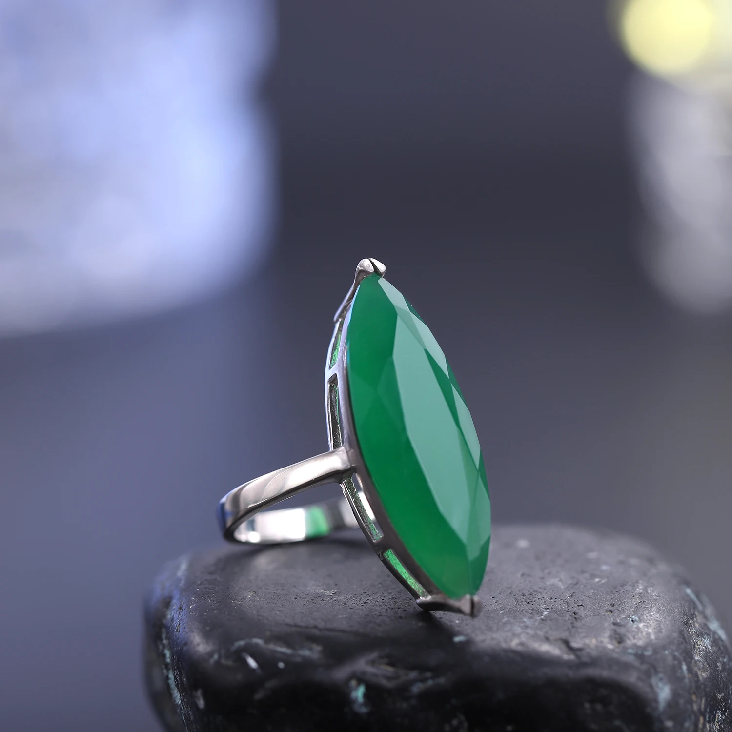 GEM'S الباليه العقيق الأخضر الطبيعي خاتم ماركيز شكل خاتم الأحجار الكريمة 925 فضة خاتم كوكتيل النساء هدية دروبشيبينغ