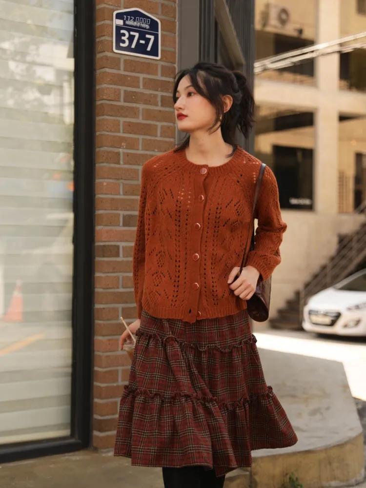 

Ohmyloli Brown Sugar Vintage Lace Knitted Lantern Sve Open Cardigan Women's Woolen Knitted Sweater Hollow out Design