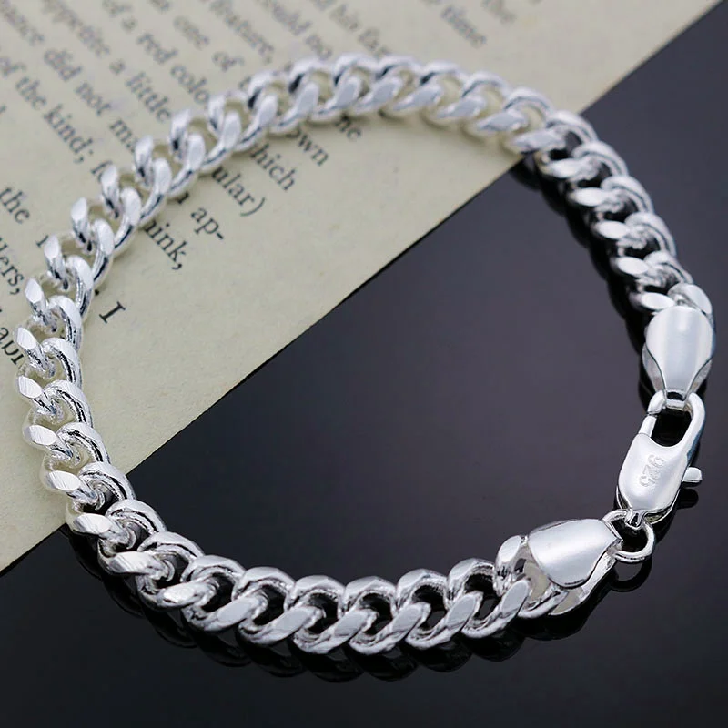 

925 Sterling Silver Chain Men's 8mm Thick Side Bracelet Cuban Charm Jewelry Engagement Jewelry Party Christmas Holiday Gifts