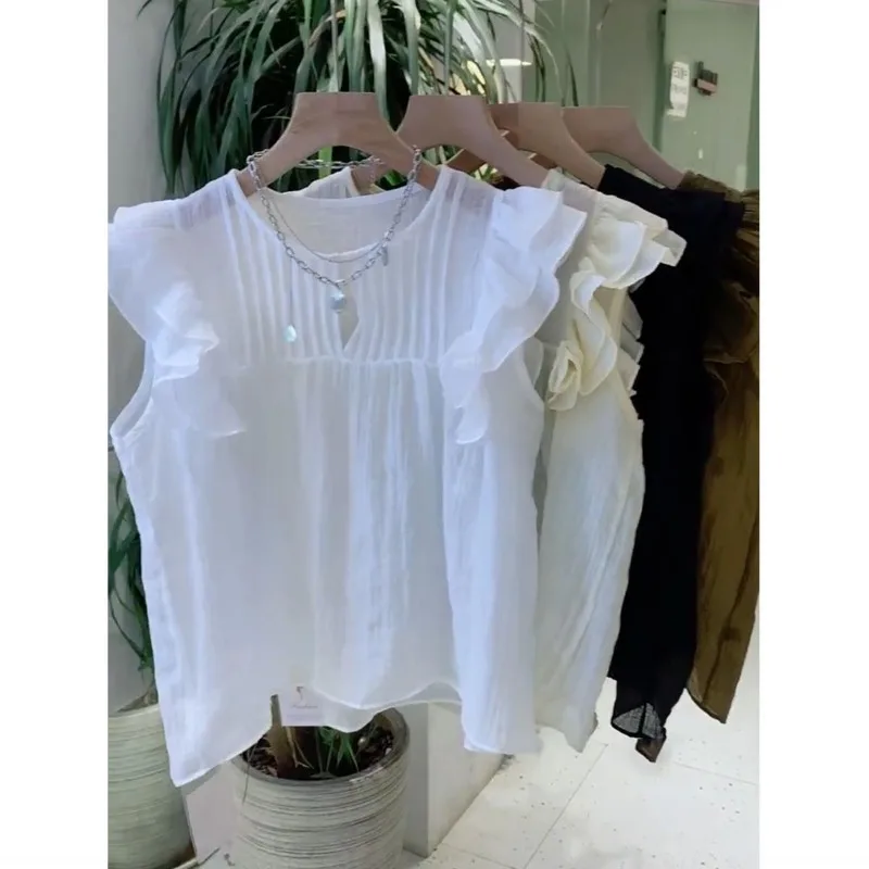 Blusa de manga voladora para mujer, blusa de cuello redondo con volantes de retazos, fruncida, Color sólido, camisas rectas sin mangas, moda dulce de verano