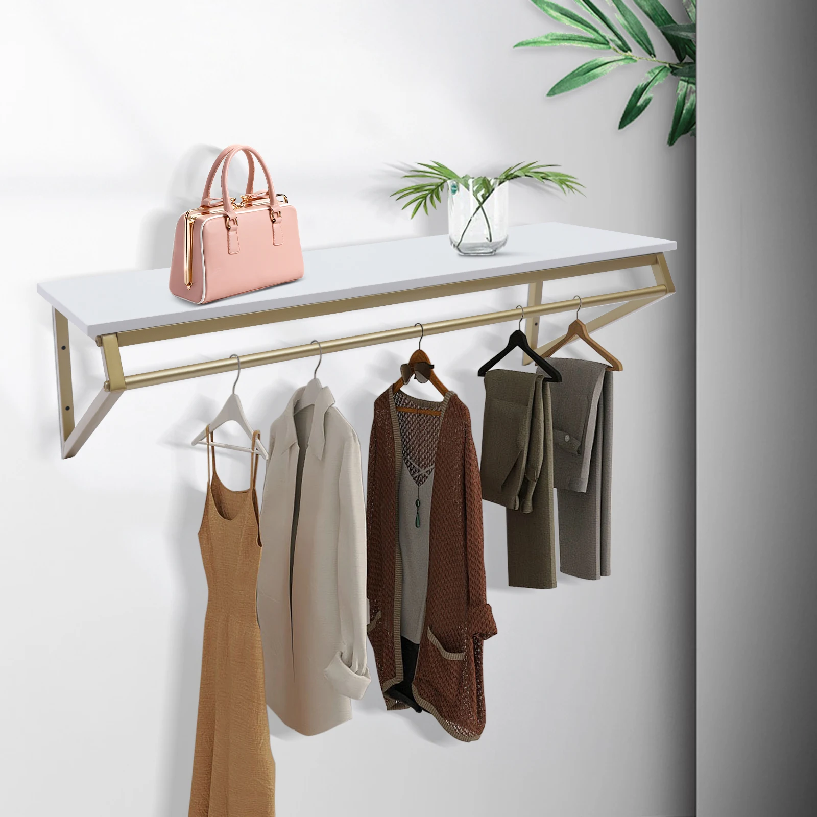 Clothes Rack with Top Shelf Industrial Pipe Wall Mounted Garment Rack Space-Saving Display Hanging Clothes Rack Heavy Duty