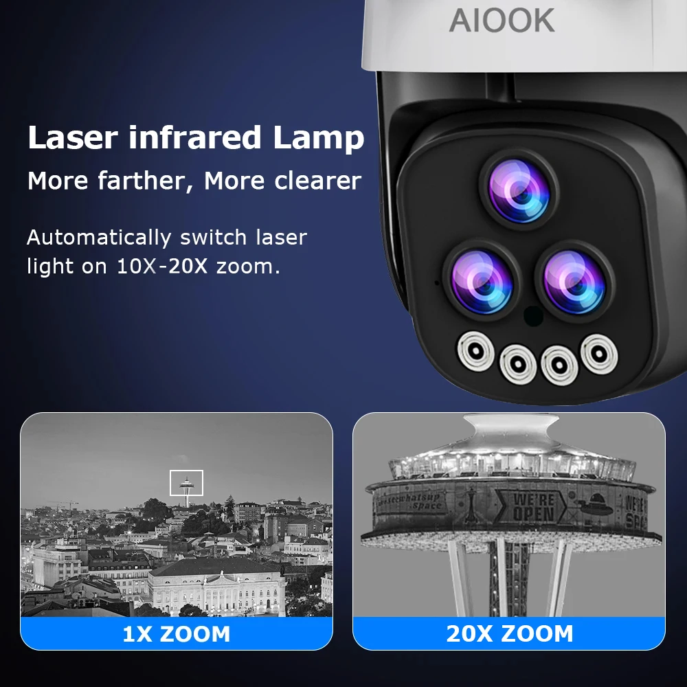 AIOOK 20X Zoom Outdoor Camera HD 30MP WiFi Camera 24/7 Record Waterproof Night Vision Two Way Intercom Mobile Tracking IP CCTV