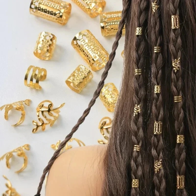 40Pc Mix Hair Braider Metal Hair Rings Beads Cuffs Tubes Charms African Hair Braids Hollow Out Dread Decoration Accessories Gold