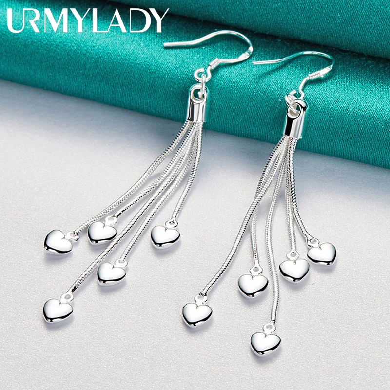 URMYLADY 925 Sterling Silver Snake Chain Heart Pendant Earrings Drop Earrings For Women Wedding Engagement Fashion Charm Jewelry