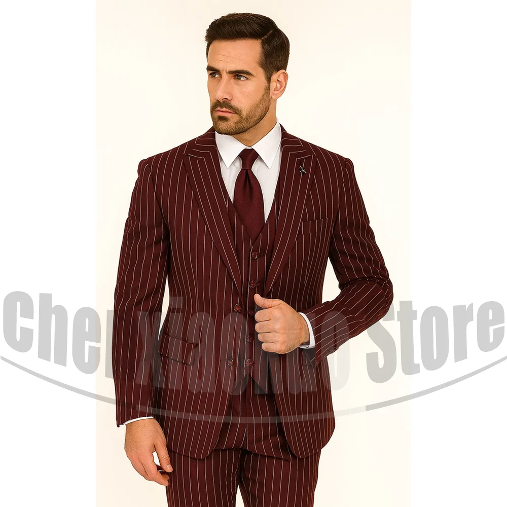 

Men's Pinstripe Three Piece Suit Set Single Breasted Elegant Formal Outfits for Wedding Business Events Casual Male Suit