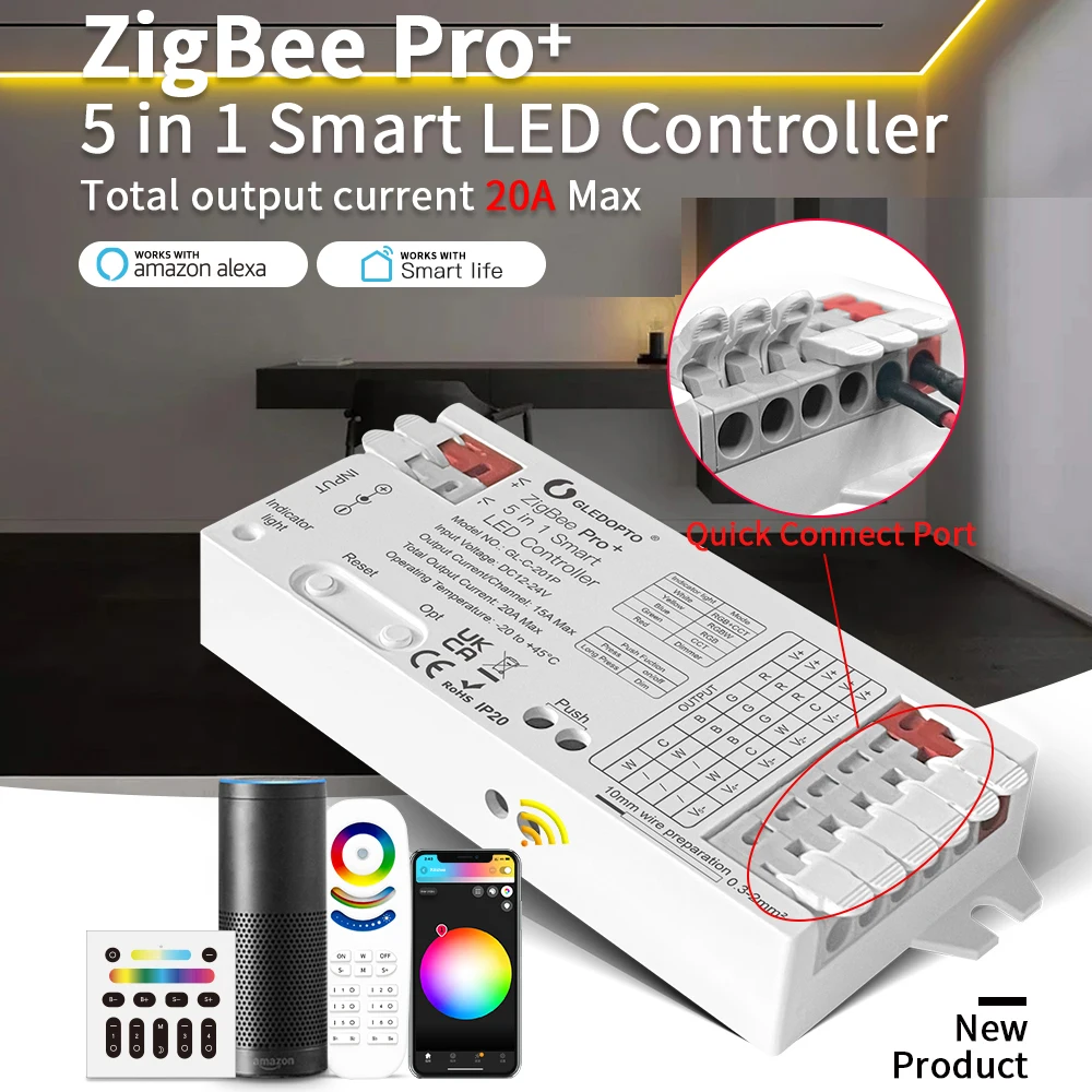 Smart ZigBee 3.0 LED Controller 5 in 1 12V 24V 20A Require ZigBee Hub Bridge for RGBWW RGBW RGB CCT COB LED Strip Light Fr Alexa