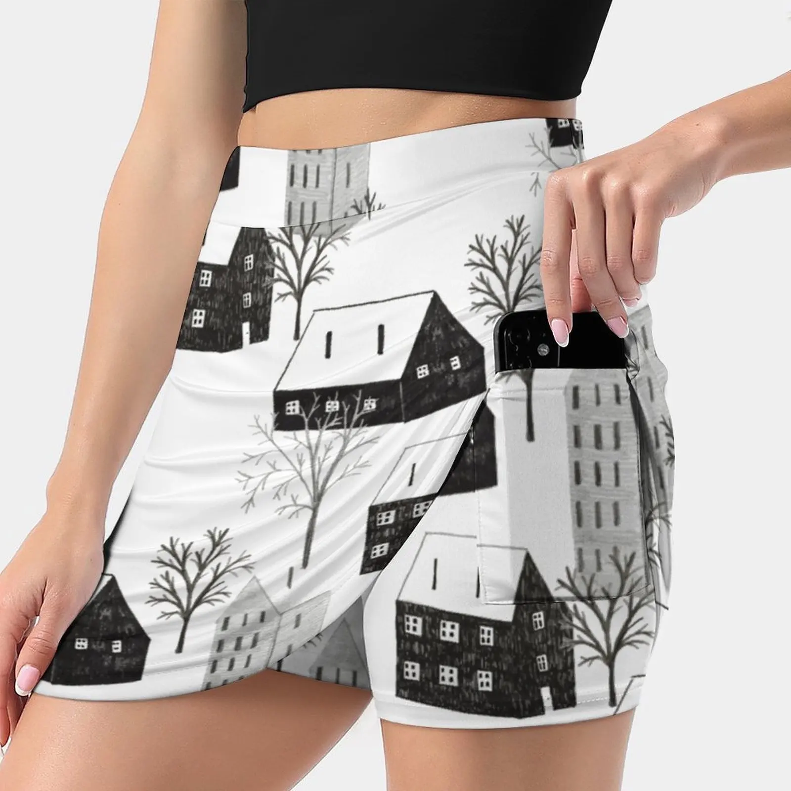 Little Village Repeat Pattern Women'S Summer Fake Two Piece Skirts Casual Sports Beach Skirt Girl Skorts Village Houses Black