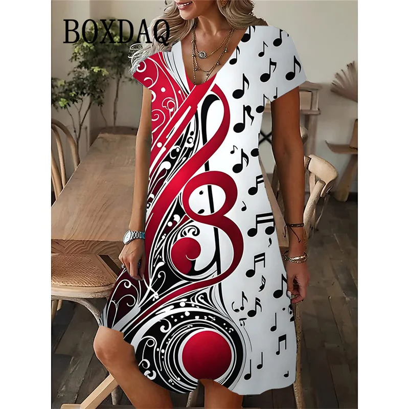 Mode Musiknote Muster Frauen Kleid 2025, Neue Sommer Lose Mini Kleid Gitarre Instrumente 3D Druck Kurzarm V-ausschnitt Kleid