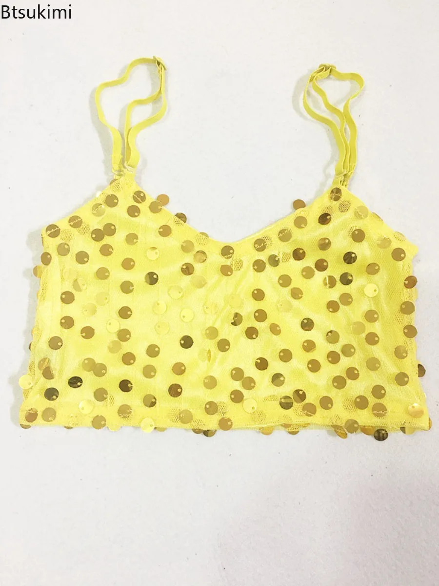 Kids Girls Hip-hop Costume Sequined Spaghetti Shoulder Straps Crop Tops Jazz Street Dance Camisole for Stage Performance Clothes