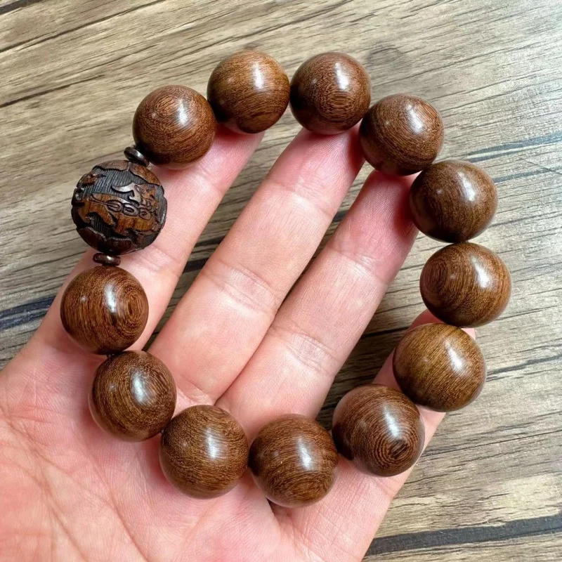 Natural Sandalwood Bracelet Men's Wholesale Small Hole Golden Sandalwood Wood Carving Buddha Beads Hand Catenary Plate Live Broa