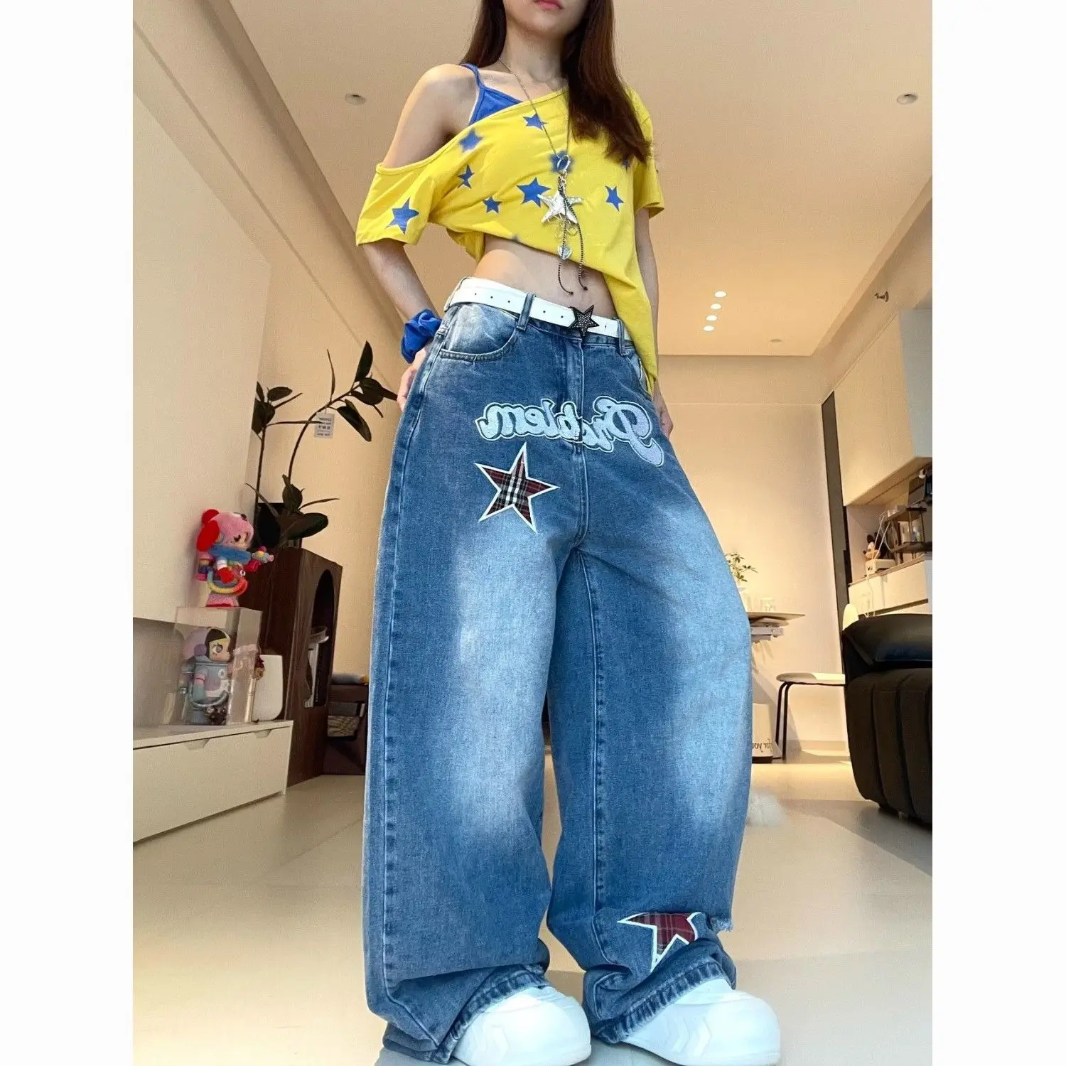 

American retro patchwork letter star jeans womens summer high street loose wide leg pants baggy jeans women clothing